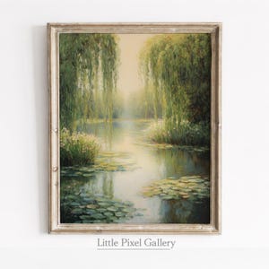 May include: A framed landscape painting depicts a serene pond scene with lily pads and weeping willow trees. The artwork features soft green and yellow hues, with the text "Little Pixel Gallery" at the bottom.