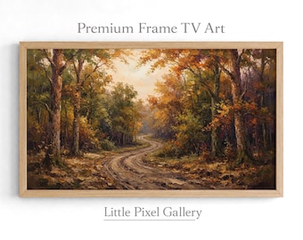 Könnte beinhalten: Ein rechteckiges Landschaftsgemälde in einem hellen Holzrahmen mit dem Titel Premium Frame TV Art von Little Pixel Gallery. Das Kunstwerk zeigt einen gewundenen Feldweg durch einen dichten Wald mit herbstlichem Laub in Orange-, Gelb- und Brauntönen.