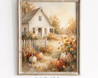 Könnte beinhalten: Ein gerahmter Kunstdruck, der ein weißes Bauernhaus mit einem Lattenzaun zeigt, umgeben von herbstlichem Laub und orangefarbenen Kürbissen im Vordergrund. Der Text Little Pixel Gallery ist unten im Bild in kleiner Schrift gedruckt.