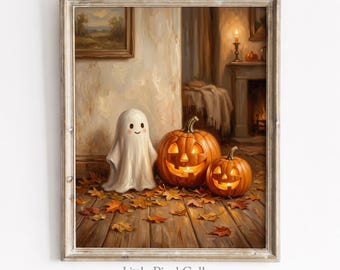 May include: A framed wall art print featuring a white ghost figure standing next to two glowing orange jack-o'-lanterns on a wooden floor covered in autumn leaves. The scene includes a fireplace in the background and the text Little Pixel Gallery.