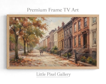 Könnte beinhalten: Ein gerahmter Digitaldruck mit dem Titel Premium Frame TV Art von Little Pixel Gallery, der ein Ölgemälde einer herbstlichen Straße mit Backsteingebäuden, herabgefallenem Laub und zwei Personen auf dem Gehweg zeigt.