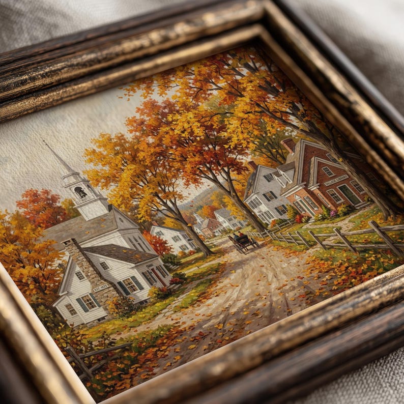 Historic town street digital art for living space — colonial architecture, carriage, and blazing fall foliage