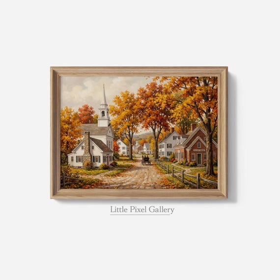 New England Fall Village, Rustic Autumn Church Landscape Printable Wall Art (Digital Download) 281