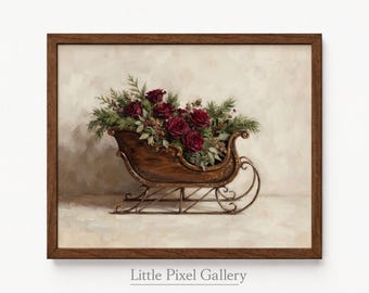 Vintage-Schlittenbild, rote Rosen, winterliche Wanddekoration zum Ausdrucken (digitaler Download) 991