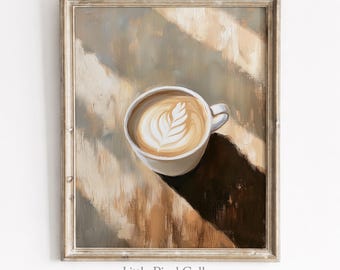 Könnte beinhalten: Gerahmtes Gemälde einer Kaffeetasse mit Latte Art. Die weiße Tasse enthält eine hellbraune Flüssigkeit mit einem Blattmuster im Schaum. Der Hintergrund ist eine Mischung aus Braun- und Beigetönen, mit einem Schatten, der von der Tasse geworfen wird.