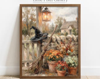 Könnte beinhalten: Ein gerahmtes Ölgemälde mit dem Titel Little Pixel Gallery, das eine rustikale Herbstszene mit einem schwarzen Hexenhut auf einem Holzzaun, einem Besen, einer leuchtenden Laterne und Terrakottatöpfen voller orangefarbener und weißer Blumen zeigt.
