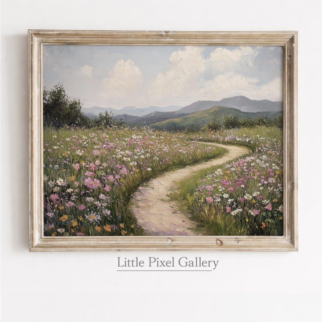Rustic Pathway Through Flowering Meadow - Cottagecore Vintage Landscape ...