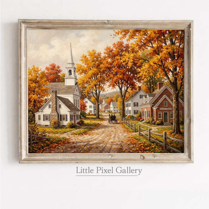 Traditional village poster print for dining room — soft-textured autumn landscape with horse wagon and warm glow