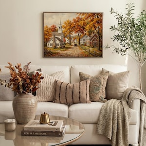 Vintage autumn village picture wall art for study — warm amber tones, steeple, and peaceful rural atmosphere