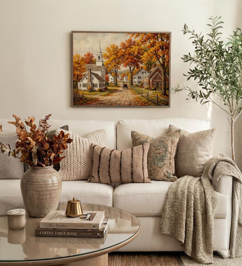 Vintage autumn village picture wall art for study — warm amber tones, steeple, and peaceful rural atmosphere