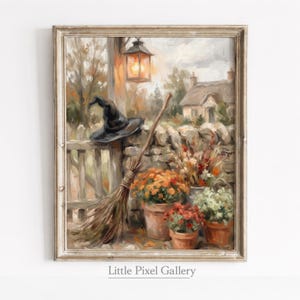 May include: An oil painting in a wooden frame depicting a witch hat resting on a wooden fence post next to a broomstick. A stone wall, a cottage, and potted orange and red flowers are visible in the background with a glowing lantern above.