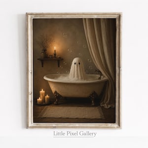 May include: A framed print depicts a ghost in a bathtub filled with bubbles. The ghost is covered by a white sheet with two black eye holes. The bathroom setting includes candles, a curtain, and a small rug. The text "Little Pixel Gallery" is at the bottom.