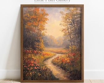 May include: A framed wall art print titled Little Pixel Gallery featuring an oil painting of a winding path through a forest during autumn. The scene displays vibrant orange, yellow, and red foliage on trees and wildflowers under a soft light.