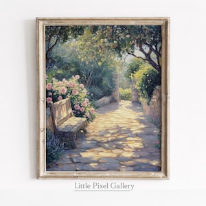 Impresión de camino de jardín estilo cottagecore / Descarga digital de camino de piedra vintage iluminado por el sol / Arte mural con paisaje floral romántico / Decoración rústica para el hogar