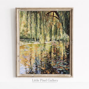 Cuadro al óleo de un sauce: estilo Monet, arte mural cottagecore (descarga digital)