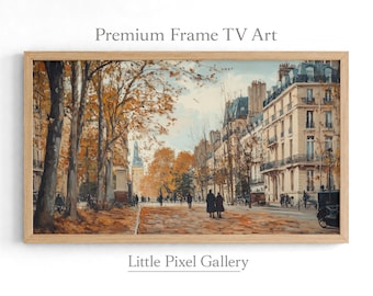 Könnte beinhalten: Ein rechteckiger digitaler Kunstdruck für einen Fernsehbildschirm, der eine Pariser Straßenszene im Herbst mit goldenen Bäumen, klassischen Steingebäuden und Fußgängern zeigt. Der Text Premium Frame TV Art und Little Pixel Gallery ist zu sehen.