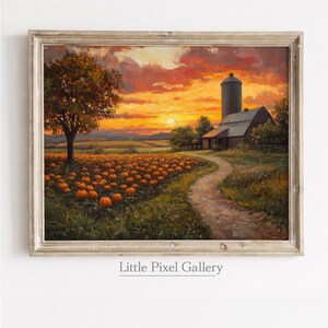 Stampa rustica autunnale con campo di zucche e paesaggio rurale al tramonto (download digitale)