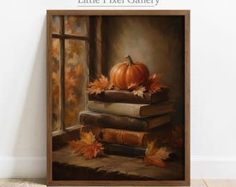 Könnte beinhalten: Ein gerahmter Kunstdruck mit dem Titel Little Pixel Gallery, der ein Ölgemälde eines einzelnen orangefarbenen Kürbisses auf einem Stapel von vier alten Büchern zeigt, umgeben von Herbstblättern neben einem Fenster mit Blick auf das Laub.