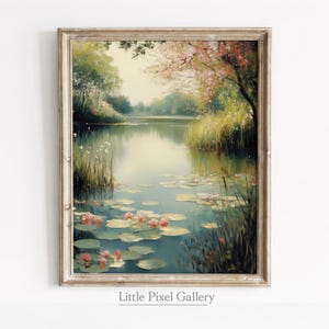 Pintura al óleo de paisaje de estanque primaveral, decoración de pared de estilo rústico vintage, arte de pared de nenúfar imprimible, descarga digital