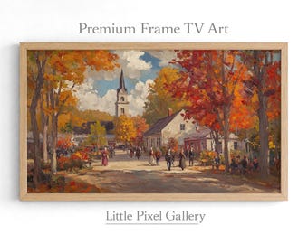 Könnte beinhalten: Ein rechteckiges Landschaftsgemälde in einem hellen Holzrahmen mit dem Titel Premium Frame TV Art von Little Pixel Gallery. Das Kunstwerk zeigt eine herbstliche Dorfszene mit leuchtend orangefarbenen und roten Bäumen, einem Kirchturm und Menschen.