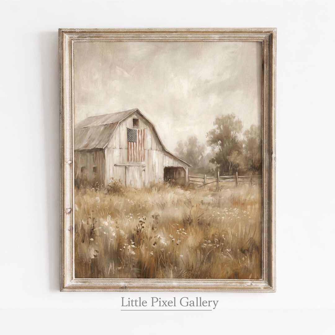 Rustic White Barn With American Flag Print - Vintage Farmhouse Wall Art ...