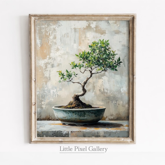 Rustic Bonsai Tree Painting - Zen-Inspired Japandi Wall Art, Realistic Art  with Green Foliage and Zen Vibes, Printable Decor 773