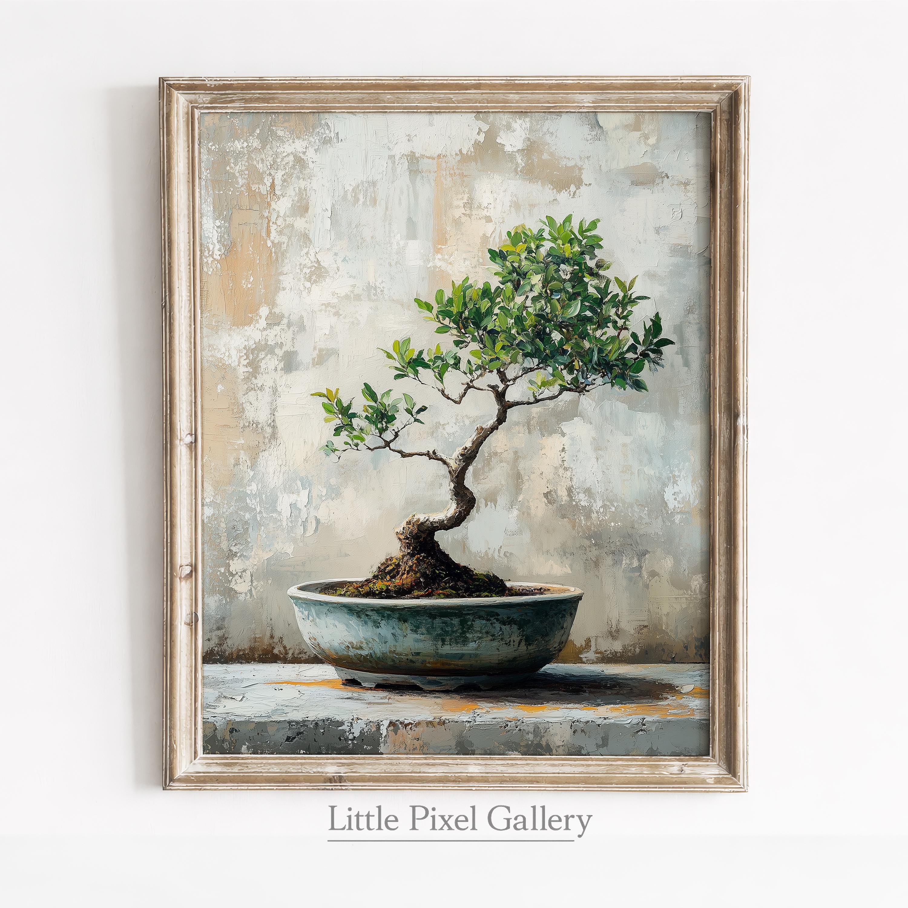 Rustic Bonsai Tree Painting - Zen-inspired Japandi Wall Art
