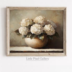 Antique White Hydrangeas Still Life Digital Print | Vintage Floral Wall Art for Neutral Farmhouse Decor | Printable Landscape Artwork