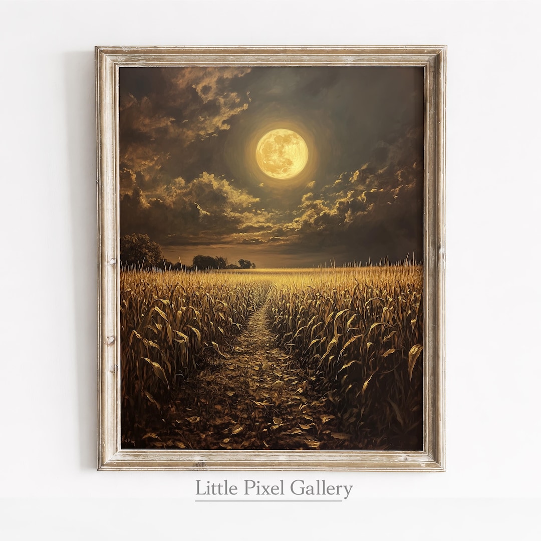 Harvest Moon Cornfield Painting | Rustic Autumn Wall Art | Moonlit ...