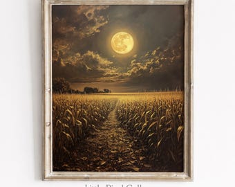 Harvest Moon Cornfield Painting | Rustic Autumn Wall Art | Moonlit Farmhouse Decor | Digital Download Print