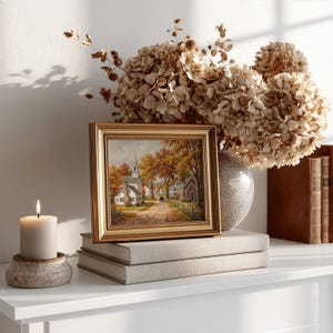 Vintage New England town digital print for hallway — amber and deep red autumn aesthetic with classic brushwork