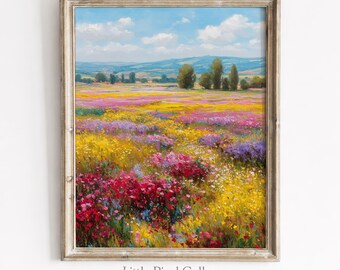 Wildflower Field Impressionist Landscape Print | Rustic Cottagecore Wall Art Digital Download | Floral Nature Painting for Spring Decor