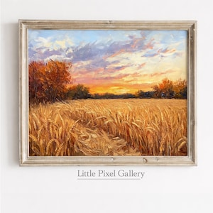 Autumn Wheat Field Sunset Painting | Rustic Cottagecore Wall Art, Fall Landscape Digital Download, Harvest Scene, Earthy Farm Decor