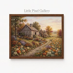 May include: A framed landscape painting titled Little Pixel Gallery depicting a rustic wooden barn and stone house surrounded by a vibrant pumpkin patch, colorful autumn flowers, and trees under a soft sunset sky, with a dirt path leading to the buildings.
