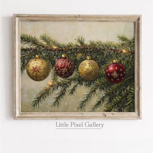 Vintage Christmas Tree Branch - Festive Holiday Painting, Red and Gold Ornaments, Cozy Classic Decor, Evergreen String Lights 644