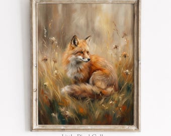 Könnte beinhalten: Ein gerahmter Ölgemäldedruck, der einen Rotfuchs zeigt, der in einem Feld aus hohem, trockenem Gras sitzt. Der Fuchs hat orangefarbenes und weißes Fell und blickt nach rechts. Der Hintergrund besteht aus weichen, gedämpften Braun- und Goldtönen. Der Text Little Pixel Gallery ist unten aufgedruckt.