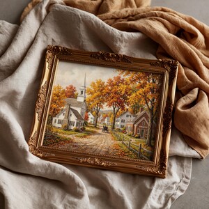 Peaceful small-town artwork print for office — traditional architecture, countryside path, and warm harvest palette