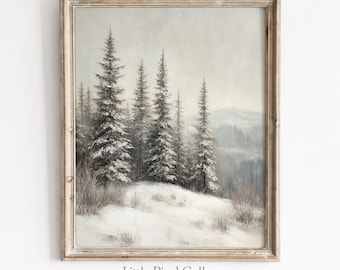 Könnte beinhalten: Gerahmtes Winterlandschaftsgemälde mit schneebedeckten Tannen auf einem schneebedeckten Hügel. Das Kunstwerk hat eine gedämpfte Farbpalette mit einem hellgrauen Himmel und einem hellbraunen Holzrahmen. Der Text "Little Pixel Gallery" befindet sich unten.