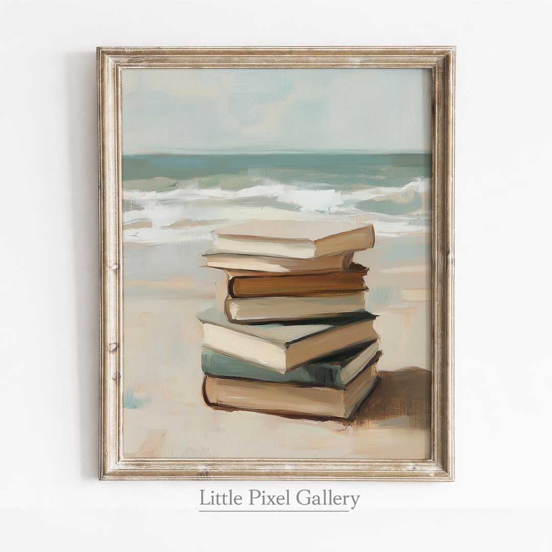 Muted Color Book Stack Stack of Vintage Books by the Beach - Coastal Serenity Print, Rustic ...