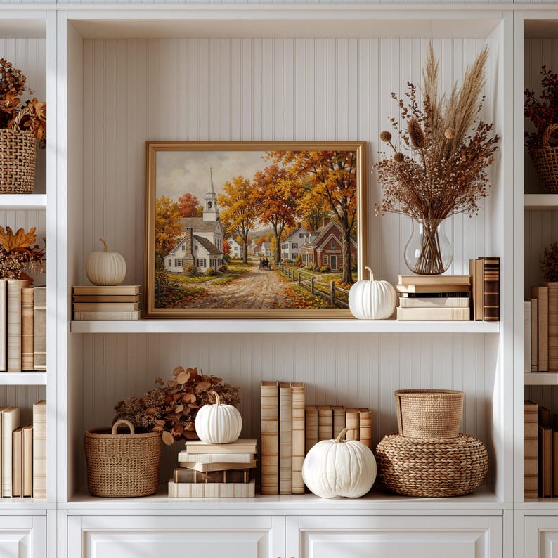 Cozy autumnal landscape digital print for hallway — colonial town with steepled landmark and amber-toned trees