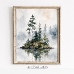 May include: A framed watercolor painting of a small island with evergreen trees surrounded by calm water and misty, soft-toned clouds. The artwork features shades of green, gray, and muted brown, with the text Little Pixel Gallery at the bottom.
