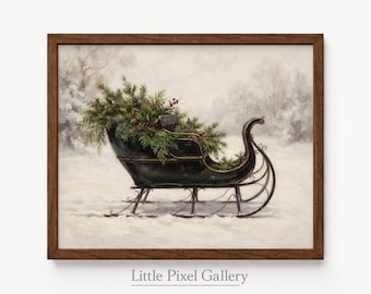 Könnte beinhalten: Ein gerahmter Kunstdruck mit einem schwarzen Vintage-Schlitten, der mit grünen Tannenzweigen und roten Beeren gefüllt ist, vor einer verschneiten, gedämpften Winterlandschaft. Der Text Little Pixel Gallery steht unten mittig.