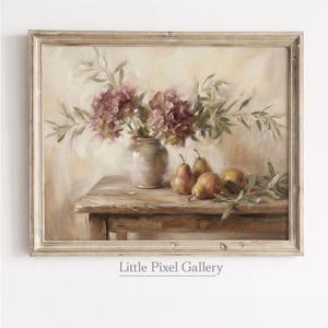 May include: A framed oil painting depicting a still life scene with a ceramic vase filled with purple hydrangea flowers and green leafy branches, placed on a wooden table alongside three pears, with the text Little Pixel Gallery below.