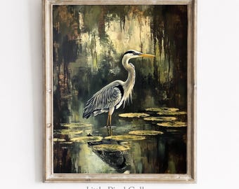 Vintage Heron Painting | Rustic Marsh Landscape Art (Digital Download)