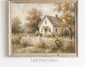 May include: A framed landscape painting featuring a white cottage with a chimney, surrounded by autumn-toned trees and a white picket fence. The artwork displays soft brushstrokes in shades of cream, brown, and muted gold, with the text Little Pixel Gallery.