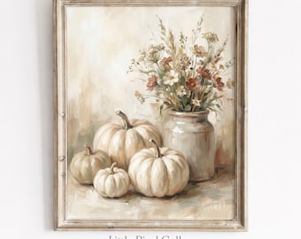 Stillleben mit Kürbissen und Wildblumen – Vintage-Herbst-Bauernhaus-Kunstdruck (Digitaler Download)