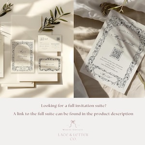 May include: Elegant wedding invitation suite featuring a floral border design. Includes invitation, RSVP card, details card, and a small card. The suite is in a neutral color palette with delicate floral accents and text.