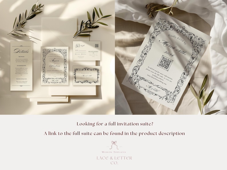 May include: Elegant wedding invitation suite featuring a floral border design. Includes invitation, RSVP card, details card, and a small card. The suite is in a neutral color palette with delicate floral accents and text.
