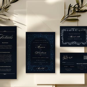 Wedding Invitation Template Set | Editable Canva Wedding Suite | Dark Vintage Invitation, RSVP and Details Card Template | Digital Download