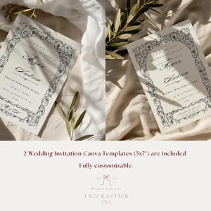 May include: Two wedding invitation templates (5x7 inches) with floral border designs. The invitations feature the names "Megan" and "Andrew" and event details. The background is a neutral color with greenery accents.